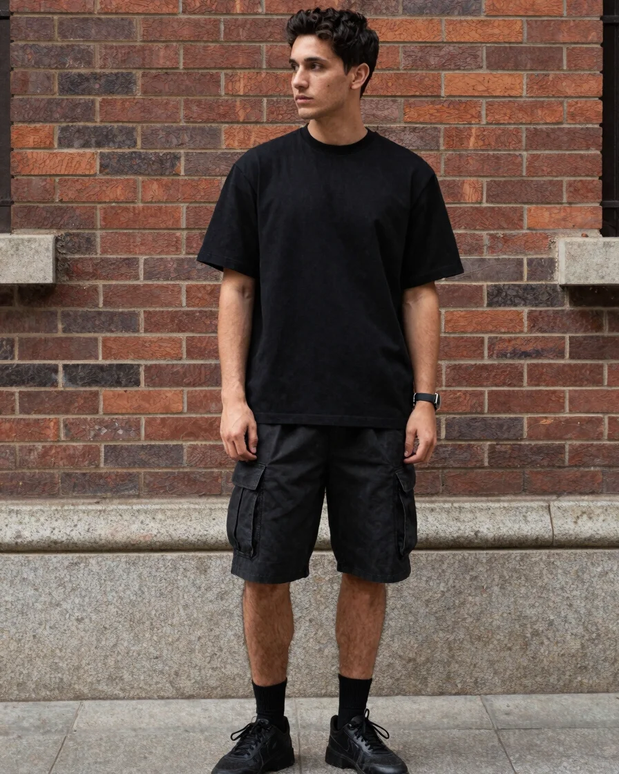 Cuerpo completo: hombre con shorts cargo amplios y polera negra,